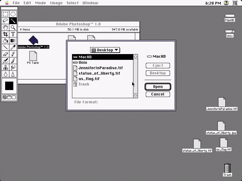 Adobe Photoshop 1.0 Open File Dialog (1990)